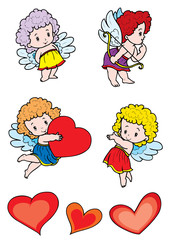 set of cupid angels and hearts, isolated object on a white background, vector illustration,