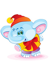 cute blue elephant in a red cap and a red jacket, isolated object on white background, vector illustration,