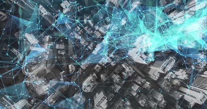 Aerial. Camera moving around buildings. Wireless communication network concept. IoT Internet of Things. ICTInformation Communication Technology.