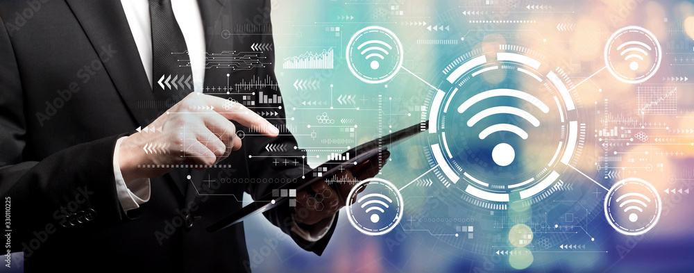 Poster wifi theme with businessman using his tablet computer
