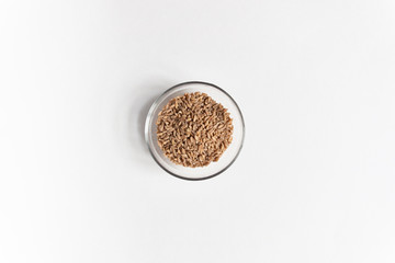 spelt grain seeds heap in glass bowl on white background