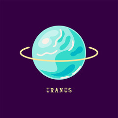Uranus planet for logo, outer space, symbol. Vector illustration isolated on background. Flat style design.
