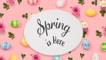 Spring is here message with Easter eggs on a pink background