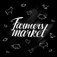 Fototapeta na wymiar Farmers market – hand written sign with doodle illustration for signboard farm shop, local market, food court. Vector stock illustration on chalkboard background. EPS10