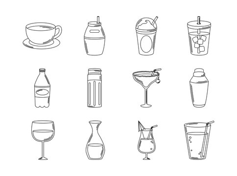 Drinks Beverage Glass Cups Bottle Alcoholic Liquor Icons Set Line Style Icon