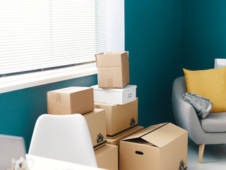 Home interior with cardboard boxes