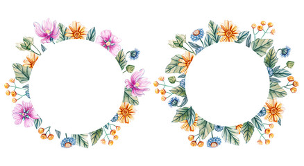 Round frames with watercolor wildflowers.