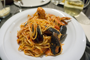 Seafood pasta dish with mussels and shrimps