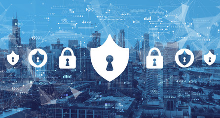 Cyber security theme with downtown Chicago cityscape skyscrapers