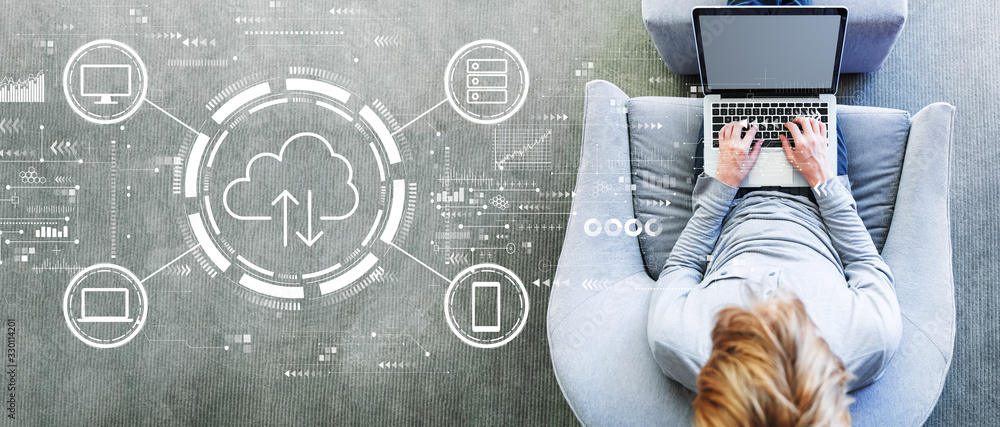 Poster cloud computing with man using a laptop in a modern gray chair