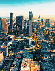 Naklejka na ściany i meble Aerial view of a Downtown Los Angeles at sunset