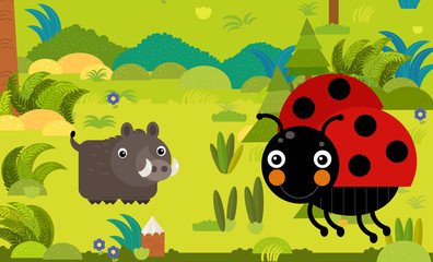 cartoon scene with different european animals in the forest illustration