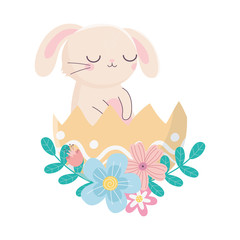 happy easter day, rabbit in eggshell flowers foliage