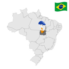 Location of  Tocantins on map Brazil. 3d Tocantins location sign. Flag of Tocantins. Quality map with regions of Brazil. Stock vector. EPS10.