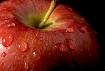 Closeup view for red fresh apple with water drop on the top