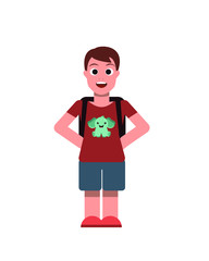 Small surprised boy with a briefcase stands with his hands on his hips. Flat vector illustration.