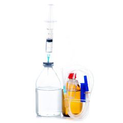 glass medicine bottle with syringe injection, dropper system on white background isolation