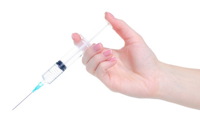 Medicine syringe in hand on white background isolation