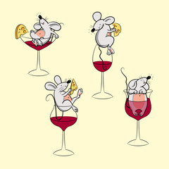 Collection with different mice in glasses and cheese