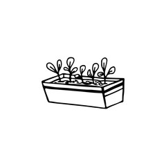 Black and white image of a box with seedlings. Vector illustration. Hand-drawn doodle for design, web, icons.