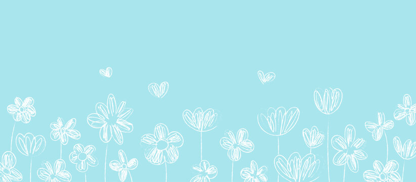 Draw vector banner white line of flower on blue for spring.
