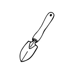 Black and white image of a shovel for loosening the earth. Vector illustration. Hand-drawn doodle for design, web, icons.