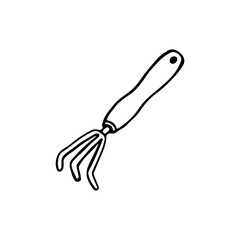 Black and white image of a rake for loosening the earth. Vector illustration. Hand-drawn doodle for design, web, icons.