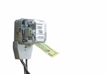 electric meter with money banknote for paying or refunding bill on white background