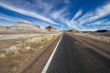 Scenic Desert Drive. Road trip through the American Southwest at the Painted Desert National Park in Arizona.