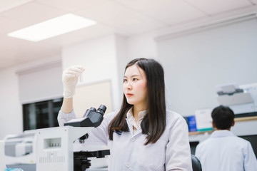 young female medical  scientist looking at test tube in medical laboratory 