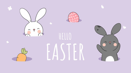 Draw banner rabbit in hole on purple pastel For Easter and spring.