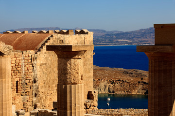 Lindos, Rhodes / Greece - June 23, 2014: Ruins in Lindos acropolis, Rhodes, Dodecanese Islands,...