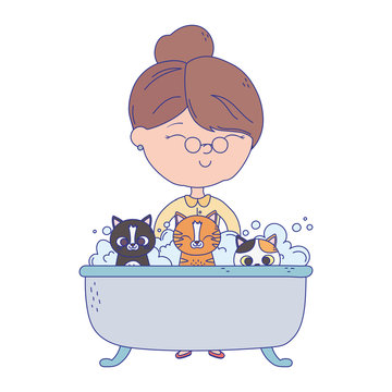 cats make me happy, old woman cat and kitten in bathtub