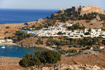 Lindos, Rhodes / Greece - June 23, 2014: Lindos village view, Rhodes, Dodecanese Islands, Greece.