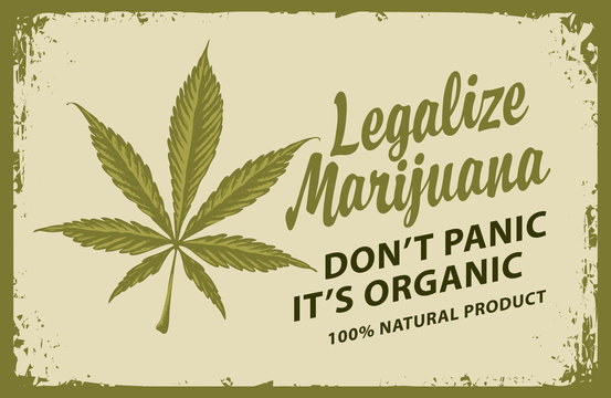 Vector banner for legalize marijuana with words Do not panic, it is organic. Illustration with cannabis leaf in retro style. Medical cannabis. Natural product of organic hemp