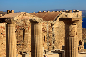 Lindos, Rhodes / Greece - June 23, 2014: Ruins in Lindos acropolis, Rhodes, Dodecanese Islands,...