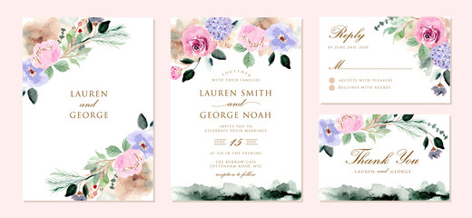 Fototapeta na wymiar wedding invitation set with beautiful soft floral watercolor