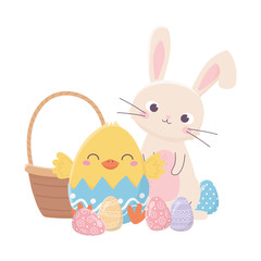 happy easter day, rabbit chicken in eggshell basket eggs decoration