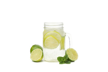Glass jar of lemonade isolated on white background