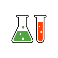 Chemistry beakers with Erlenmeyer flask and test tube holding colourful chemicals flat style vector icon for science apps and websites