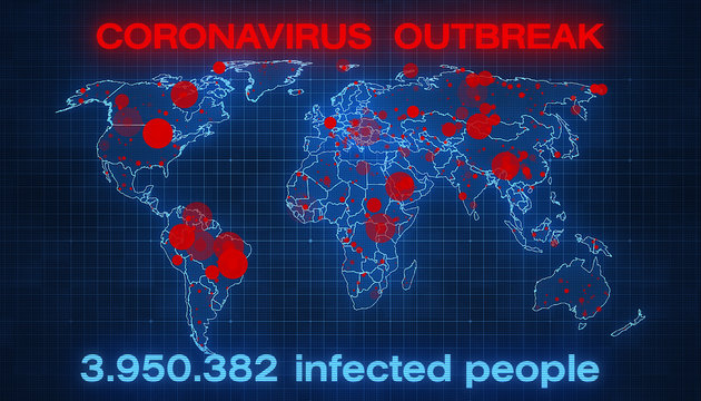3d render of a world map showing the outbreak of the coronavirus