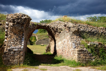 Roselle (GR), Italy - June 19, 2017: Etruscan ruins in archaeological site in Roselle, Grosseto, Tuscany, Italy, Europe