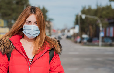 Virus concept. Girl in mask at city, risk for health, pneumonia, quarantine and epidemic