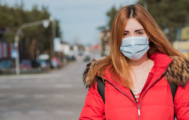 Virus concept. Girl in mask at city, risk for health, pneumonia, quarantine and epidemic