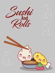 kawaii dumpling in sticks sauce tempura wasabi food japanese cartoon , sushi and rolls