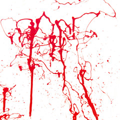 Red paint splashes on a white background