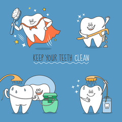 Teeth cartoon set. Tooth with brush, floss, pick and mouthwash. Keep your teeth clean. Cute and funny characters for dentistry design or a standalone illustration.