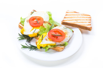fried toasts with egg, salad, tomato in a plate