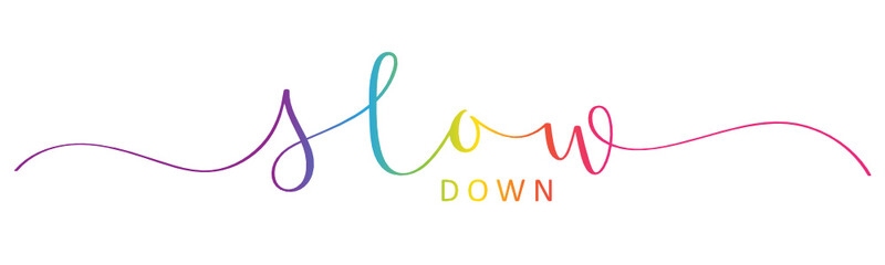 SLOW DOWN vector rainbow-colored brush calligraphy banner with swashes