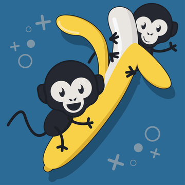 cute little monkey with big banana vector illustration